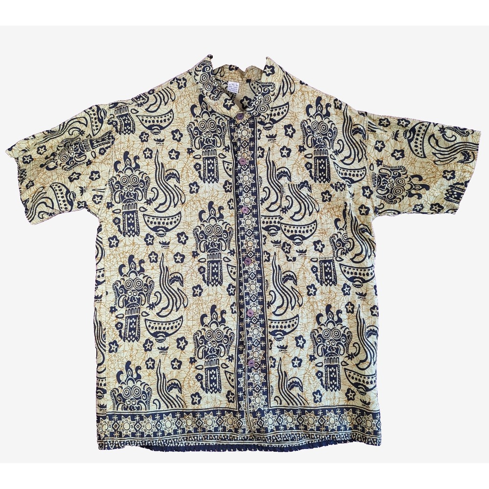 Batik Mens Short Sleeve Button Up Shirt Handmade Indonesian XL Indigo Died VTG
